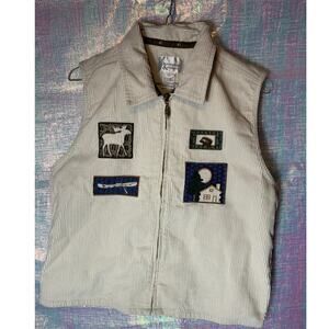 Christopher & Banks Corduroy Cabin Applique Zip Up Vest Womens Sm Cabincore Fall